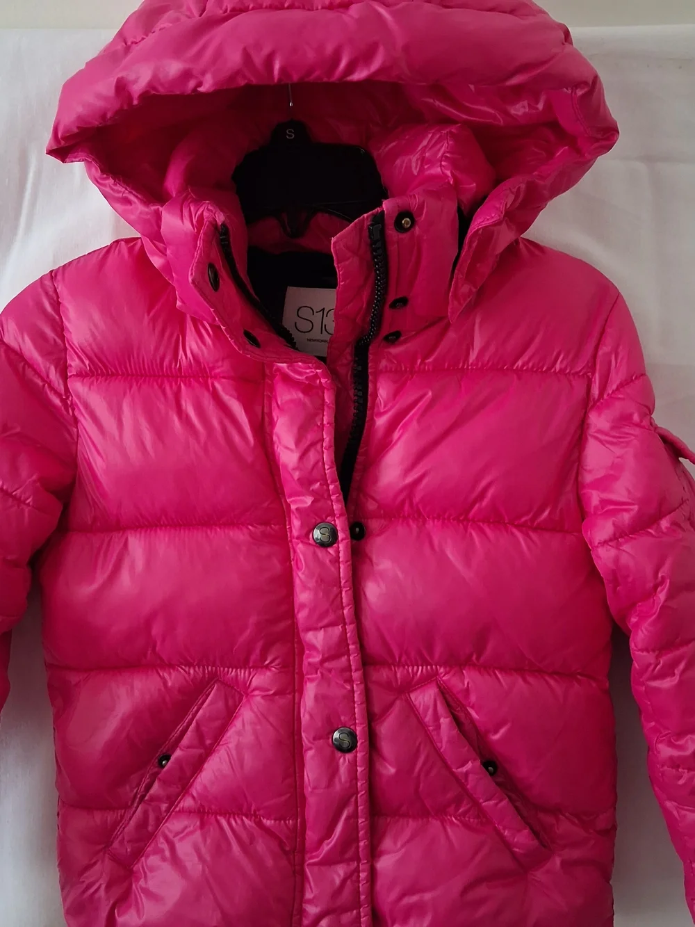 S13 New York Kids Girls Hot‎ Pink Glossy Puffer Jacket Detachable Hood Size 4